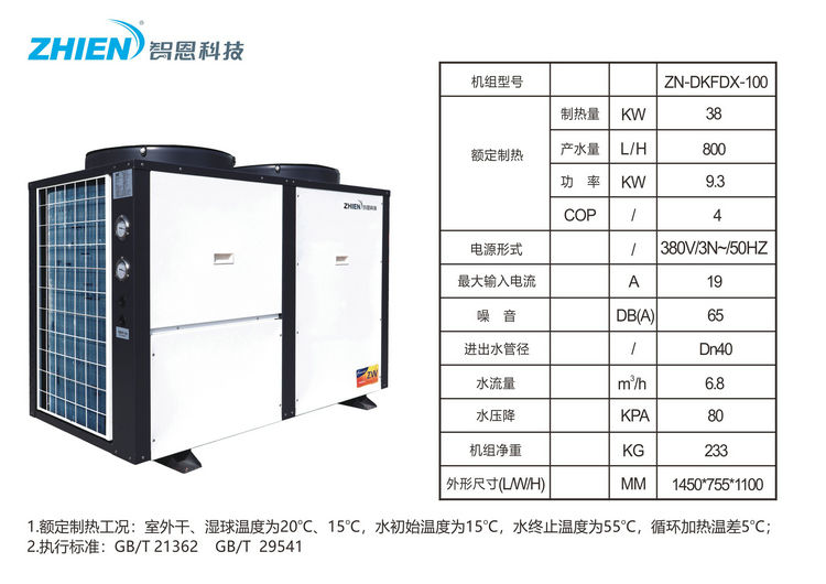 智恩空氣能商用熱水熱泵：10HP頂出風(fēng)參數(shù)表